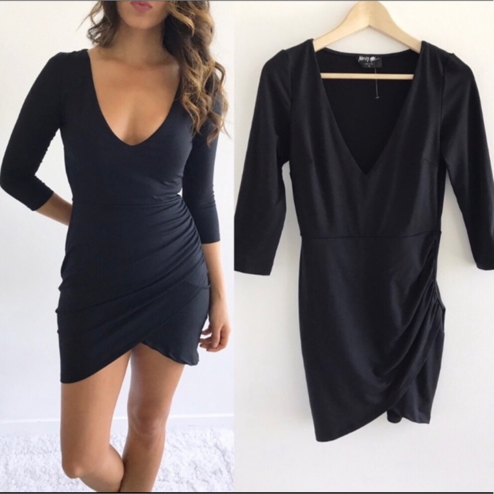 Nasty Gal Black V-Neck Mini Dress XXS